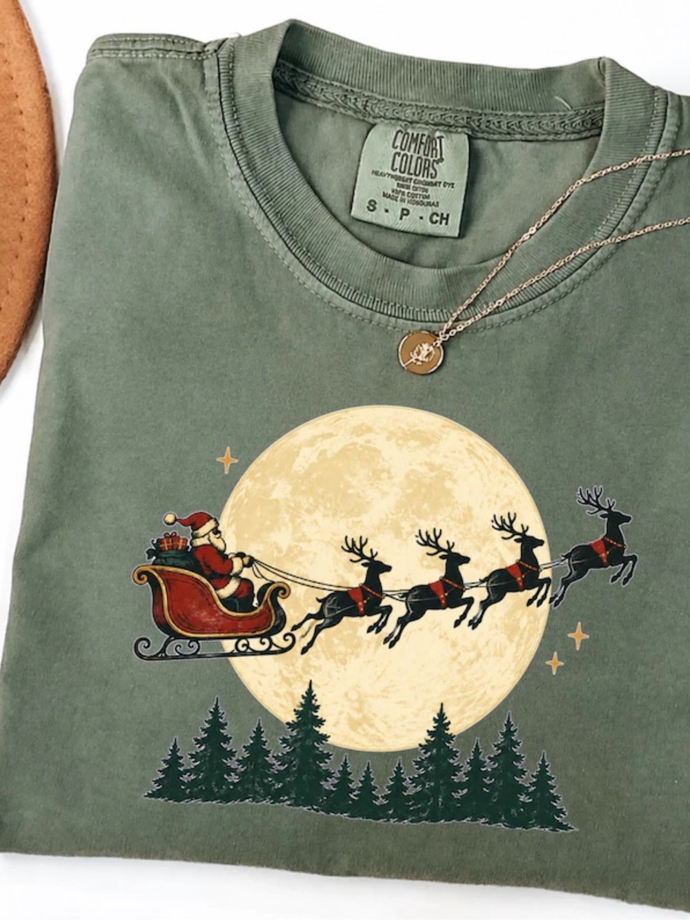 Comfort Colors Moss Heavyweight Ring Spun T-Shirt 1717 Santa Reindeer Graphic